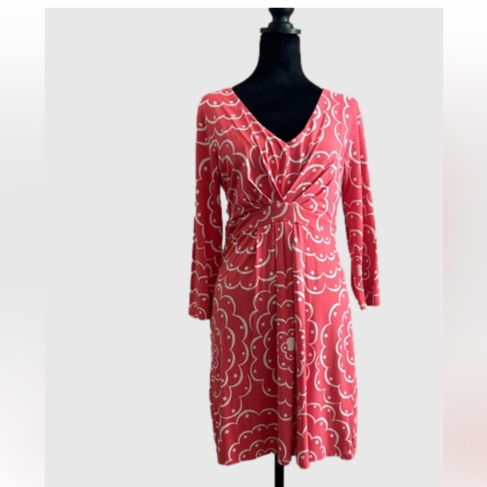 Boden 3/4 Sleeve V Neck Fit and Flare Tunic Dress | Coral, White | 8 |